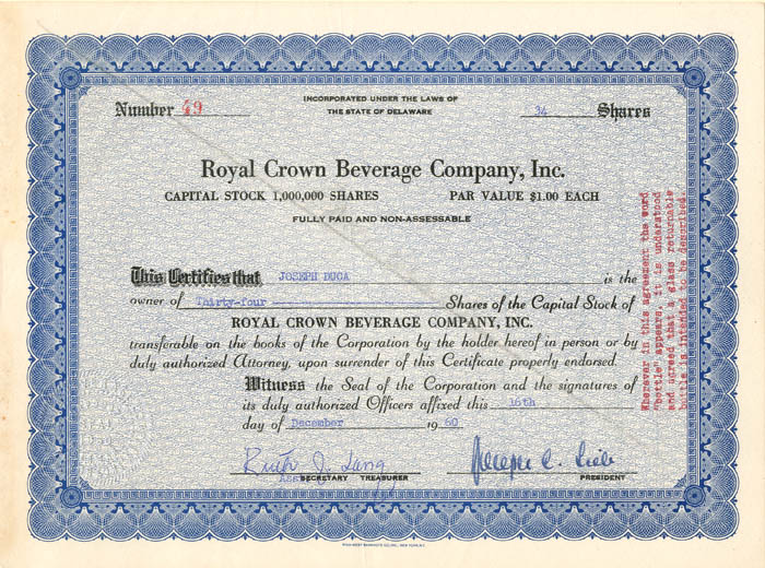 Royal Crown Beverage Co., Inc. - Stock Certificate